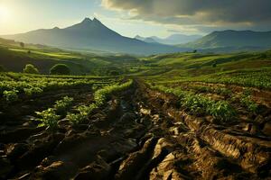 magnifique vue de une thé champ plantation, vignoble ferme ou fraise jardin dans le vert collines à lever du soleil concept par ai généré photo