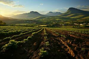 magnifique vue de une thé champ plantation, vignoble ferme ou fraise jardin dans le vert collines à lever du soleil concept par ai généré photo