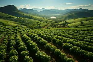 magnifique vue de une thé champ plantation, vignoble ferme ou fraise jardin dans le vert collines à lever du soleil concept par ai généré photo