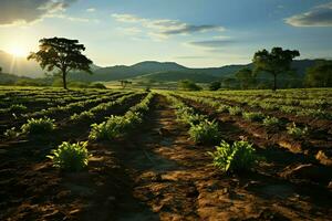 magnifique vue de une thé champ plantation, vignoble ferme ou fraise jardin dans le vert collines à lever du soleil concept par ai généré photo