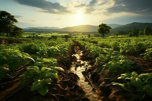 magnifique vue de une thé champ plantation, vignoble ferme ou fraise jardin dans le vert collines à lever du soleil concept par ai généré photo