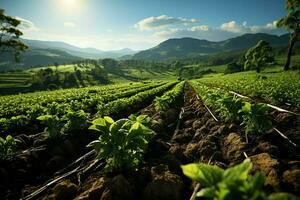 magnifique vue de une thé champ plantation, vignoble ferme ou fraise jardin dans le vert collines à lever du soleil concept par ai généré photo