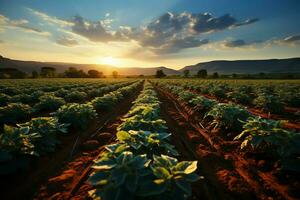 magnifique vue de une thé champ plantation, vignoble ferme ou fraise jardin dans le vert collines à lever du soleil concept par ai généré photo