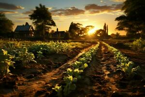 magnifique vue de une thé champ plantation, vignoble ferme ou fraise jardin dans le vert collines à lever du soleil concept par ai généré photo