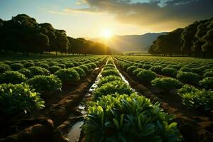 magnifique vue de une thé champ plantation, vignoble ferme ou fraise jardin dans le vert collines à lever du soleil concept par ai généré photo