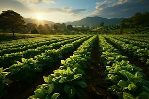 magnifique vue de une thé champ plantation, vignoble ferme ou fraise jardin dans le vert collines à lever du soleil concept par ai généré photo