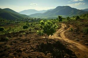 magnifique vue de une thé champ plantation, vignoble ferme ou fraise jardin dans le vert collines à lever du soleil concept par ai généré photo