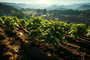 magnifique vue de une thé champ plantation, vignoble ferme ou fraise jardin dans le vert collines à lever du soleil concept par ai généré photo