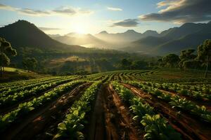 magnifique vue de une thé champ plantation, vignoble ferme ou fraise jardin dans le vert collines à lever du soleil concept par ai généré photo