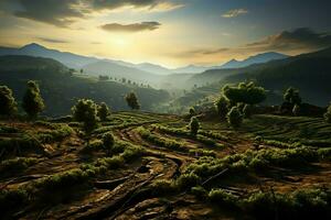 magnifique vue de une thé champ plantation, vignoble ferme ou fraise jardin dans le vert collines à lever du soleil concept par ai généré photo