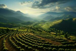 magnifique vue de une thé champ plantation, vignoble ferme ou fraise jardin dans le vert collines à lever du soleil concept par ai généré photo