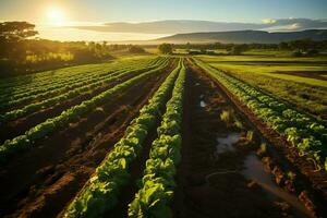 magnifique vue de une thé champ plantation, vignoble ferme ou fraise jardin dans le vert collines à lever du soleil concept par ai généré photo