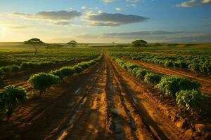 magnifique vue de une thé champ plantation, vignoble ferme ou fraise jardin dans le vert collines à lever du soleil concept par ai généré photo