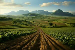 magnifique vue de une thé champ plantation, vignoble ferme ou fraise jardin dans le vert collines à lever du soleil concept par ai généré photo