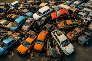 rouille vieux déchet voitures avec environnement la pollution dans Junkyard pour recyclage. abandonné voiture déchets concept par ai généré photo