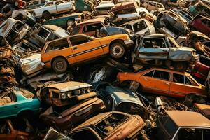 rouille vieux déchet voitures avec environnement la pollution dans Junkyard pour recyclage. abandonné voiture déchets concept par ai généré photo