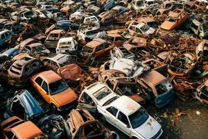 rouille vieux déchet voitures avec environnement la pollution dans Junkyard pour recyclage. abandonné voiture déchets concept par ai généré photo