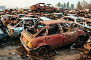 rouille vieux déchet voitures avec environnement la pollution dans Junkyard pour recyclage. abandonné voiture déchets concept par ai généré photo