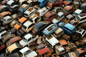 rouille vieux déchet voitures avec environnement la pollution dans Junkyard pour recyclage. abandonné voiture déchets concept par ai généré photo