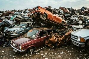 rouille vieux déchet voitures avec environnement la pollution dans Junkyard pour recyclage. abandonné voiture déchets concept par ai généré photo