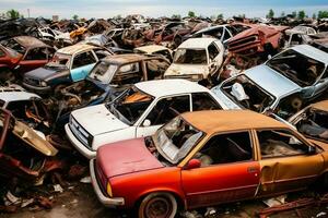 rouille vieux déchet voitures avec environnement la pollution dans Junkyard pour recyclage. abandonné voiture déchets concept par ai généré photo