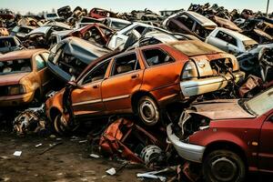 rouille vieux déchet voitures avec environnement la pollution dans Junkyard pour recyclage. abandonné voiture déchets concept par ai généré photo