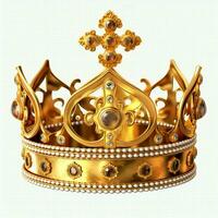 royal d'or empereur couronne de une Roi sur blanc Contexte. 3d le rendu luxe Royal Roi or couronne concept par ai généré photo