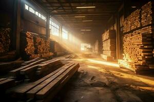 en bois planche ou planche dans le bois moulin industrie. empiler de journaux et bois dans le scierie production concept par ai généré photo