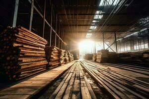 en bois planche ou planche dans le bois moulin industrie. empiler de journaux et bois dans le scierie production concept par ai généré photo