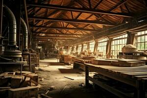 en bois planche ou planche dans le bois moulin industrie. empiler de journaux et bois dans le scierie production concept par ai généré photo