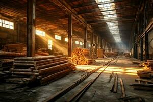 en bois planche ou planche dans le bois moulin industrie. empiler de journaux et bois dans le scierie production concept par ai généré photo