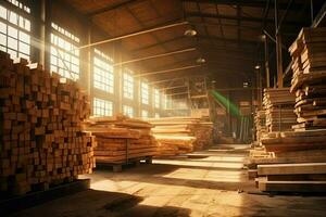 en bois planche ou planche dans le bois moulin industrie. empiler de journaux et bois dans le scierie production concept par ai généré photo