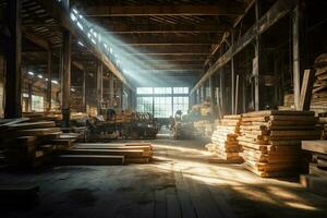 en bois planche ou planche dans le bois moulin industrie. empiler de journaux et bois dans le scierie production concept par ai généré photo