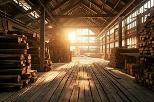 en bois planche ou planche dans le bois moulin industrie. empiler de journaux et bois dans le scierie production concept par ai généré photo
