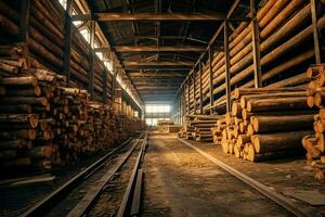 en bois planche ou planche dans le bois moulin industrie. empiler de journaux et bois dans le scierie production concept par ai généré photo