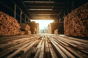 en bois planche ou planche dans le bois moulin industrie. empiler de journaux et bois dans le scierie production concept par ai généré photo