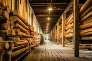 en bois planche ou planche dans le bois moulin industrie. empiler de journaux et bois dans le scierie production concept par ai généré photo