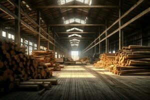 en bois planche ou planche dans le bois moulin industrie. empiler de journaux et bois dans le scierie production concept par ai généré photo