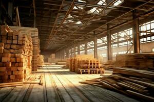 en bois planche ou planche dans le bois moulin industrie. empiler de journaux et bois dans le scierie production concept par ai généré photo