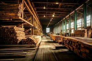 en bois planche ou planche dans le bois moulin industrie. empiler de journaux et bois dans le scierie production concept par ai généré photo