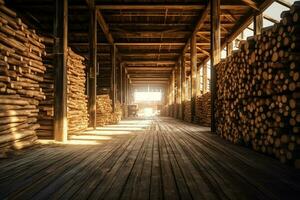 en bois planche ou planche dans le bois moulin industrie. empiler de journaux et bois dans le scierie production concept par ai généré photo