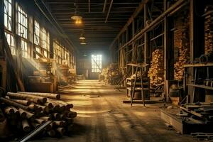 en bois planche ou planche dans le bois moulin industrie. empiler de journaux et bois dans le scierie production concept par ai généré photo