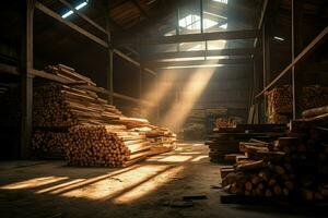 en bois planche ou planche dans le bois moulin industrie. empiler de journaux et bois dans le scierie production concept par ai généré photo