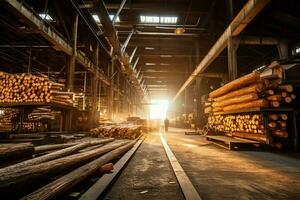 en bois planche ou planche dans le bois moulin industrie. empiler de journaux et bois dans le scierie production concept par ai généré photo