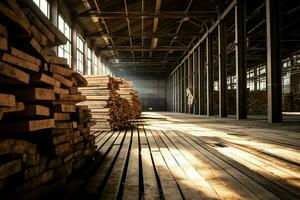 en bois planche ou planche dans le bois moulin industrie. empiler de journaux et bois dans le scierie production concept par ai généré photo