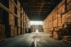 en bois planche ou planche dans le bois moulin industrie. empiler de journaux et bois dans le scierie production concept par ai généré photo