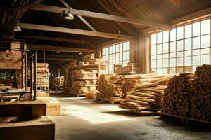 en bois planche ou planche dans le bois moulin industrie. empiler de journaux et bois dans le scierie production concept par ai généré photo