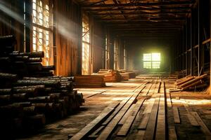 en bois planche ou planche dans le bois moulin industrie. empiler de journaux et bois dans le scierie production concept par ai généré photo