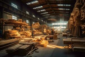 en bois planche ou planche dans le bois moulin industrie. empiler de journaux et bois dans le scierie production concept par ai généré photo