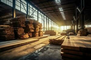 en bois planche ou planche dans le bois moulin industrie. empiler de journaux et bois dans le scierie production concept par ai généré photo